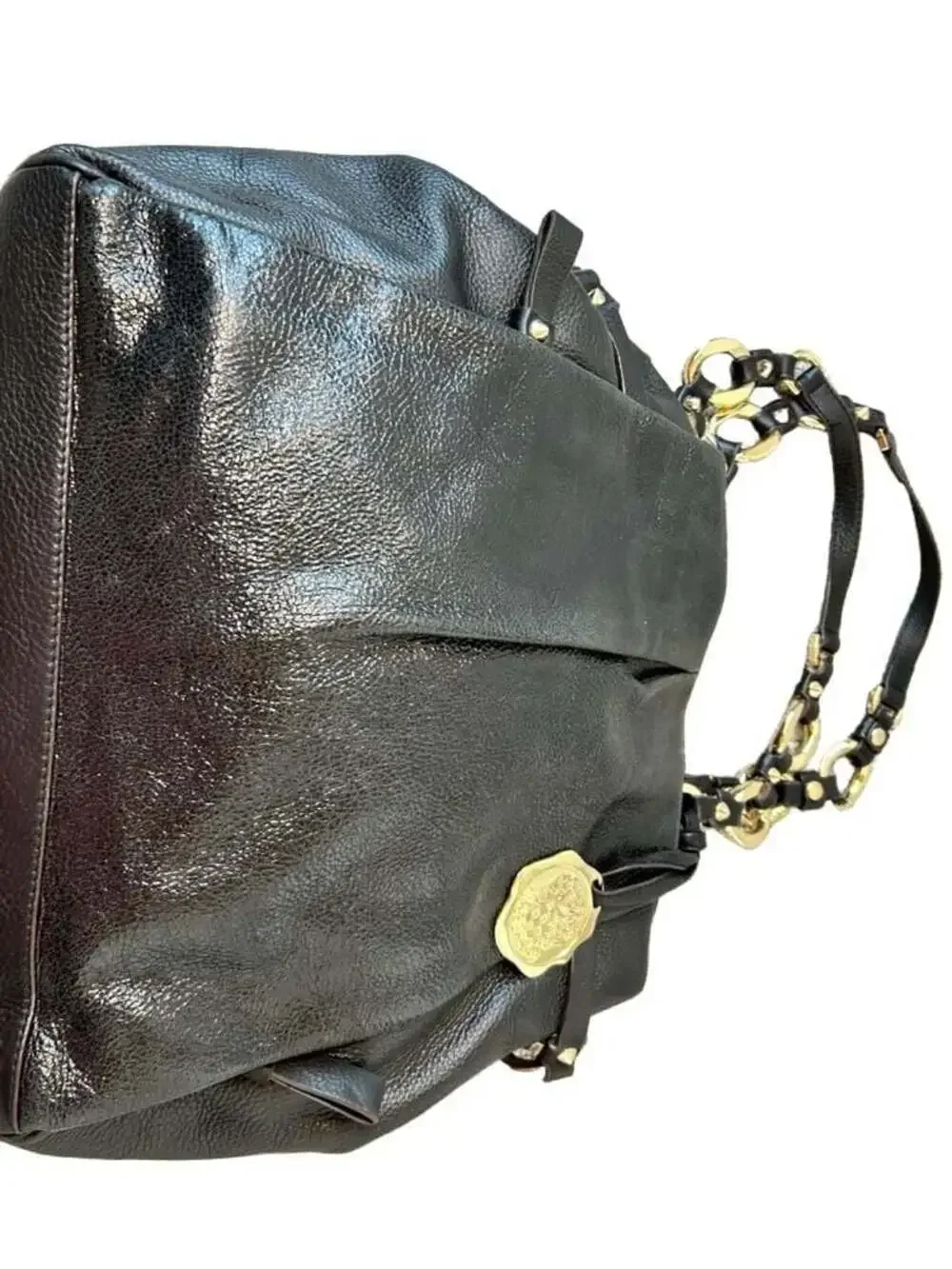 Vince Camuto Black Pebbled Leather Hobo Shoulder Bag with Gold-Tone Chain Link D